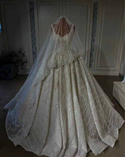 Dreamy Ball Gown Straps Long Sequin White Beads Wedding Dress Fairy Formal Wedding Dresses B121