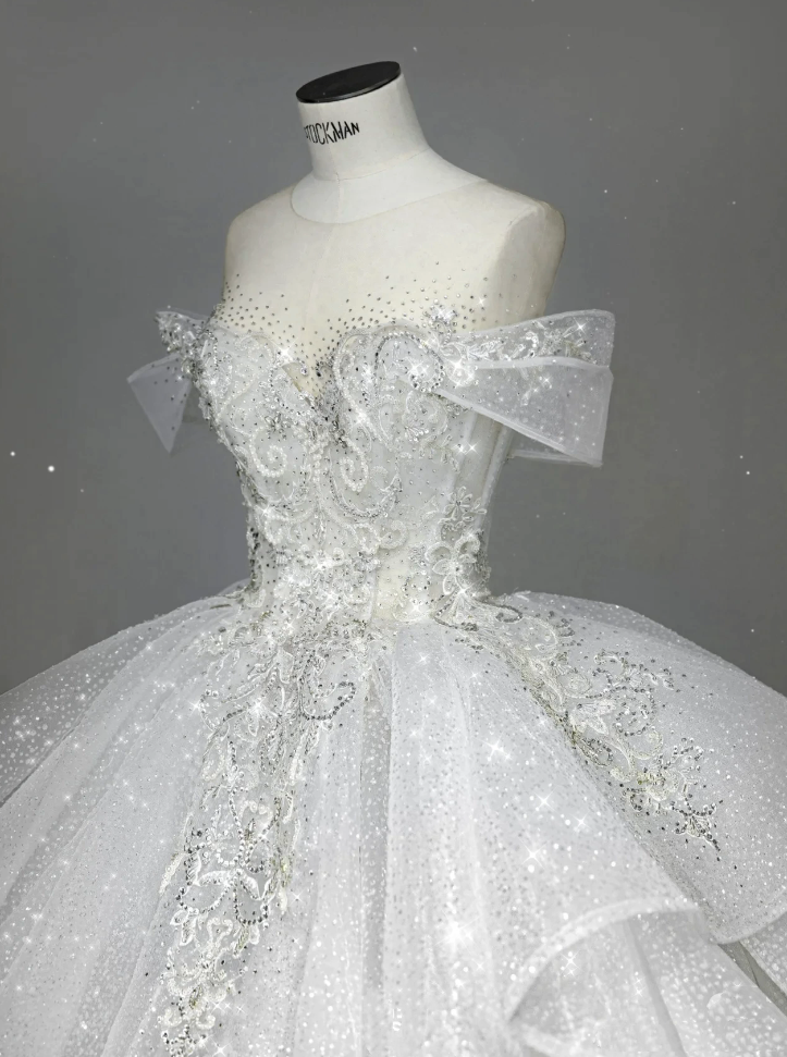 Elegant Ball Gown Off The Shoulder Short Sleeves Long Sequin White Wedding Dress Fairy Formal Wedding Dresses B143