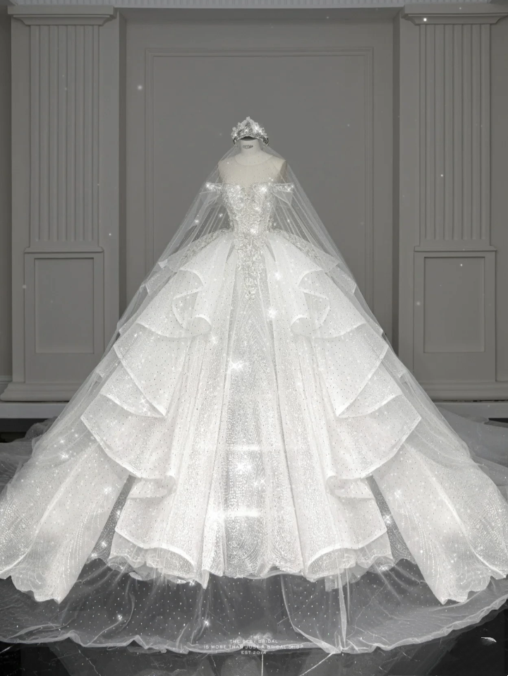 Elegant Ball Gown Off The Shoulder Short Sleeves Long Sequin White Wedding Dress Fairy Formal Wedding Dresses B143