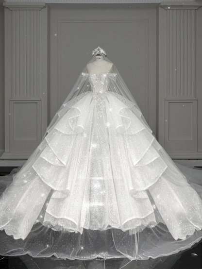 Elegant Ball Gown Off The Shoulder Short Sleeves Long Sequin White Wedding Dress Fairy Formal Wedding Dresses B143