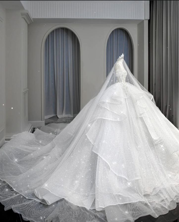 Elegant Ball Gown Off The Shoulder Short Sleeves Long Sequin White Wedding Dress Fairy Formal Wedding Dresses B143
