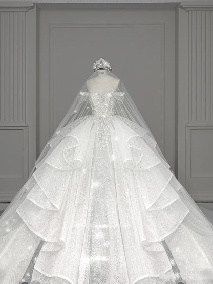 Elegant Ball Gown Off The Shoulder Short Sleeves Long Sequin White Wedding Dress Fairy Formal Wedding Dresses B143