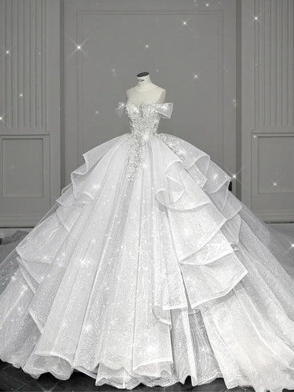 Elegant Ball Gown Off The Shoulder Short Sleeves Long Sequin White Wedding Dress Fairy Formal Wedding Dresses B143