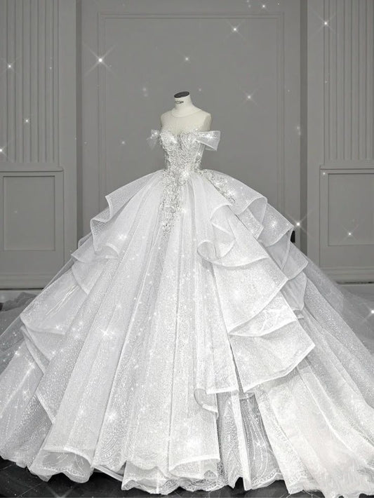 Elegant Ball Gown Off The Shoulder Short Sleeves Long Sequin White Wedding Dress Fairy Formal Wedding Dresses B143