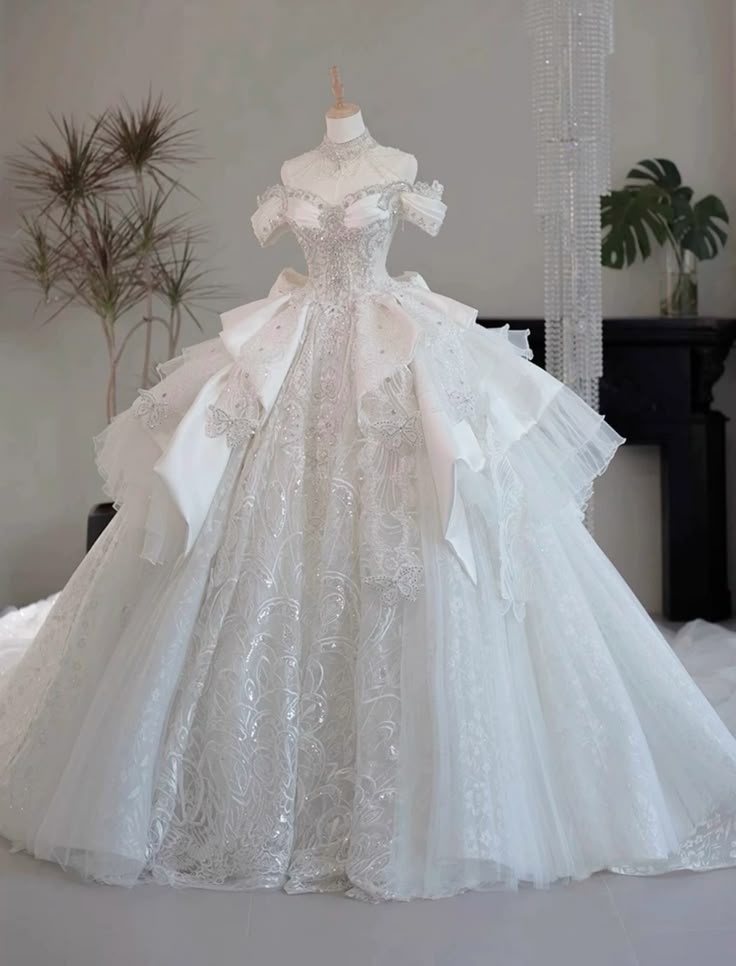 Dreamy Ball Gown Off The Shoulder Tulle Sequins Satin Lace Long Wedding Dress Fairy Formal Short Sleeves Wedding Dresses B144