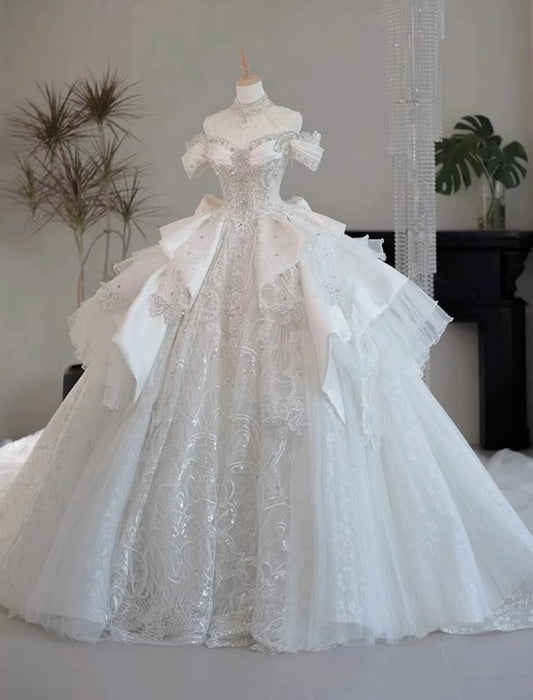 Dreamy Ball Gown Off The Shoulder Tulle Sequins Satin Lace Long Wedding Dress Fairy Formal Short Sleeves Wedding Dresses B144