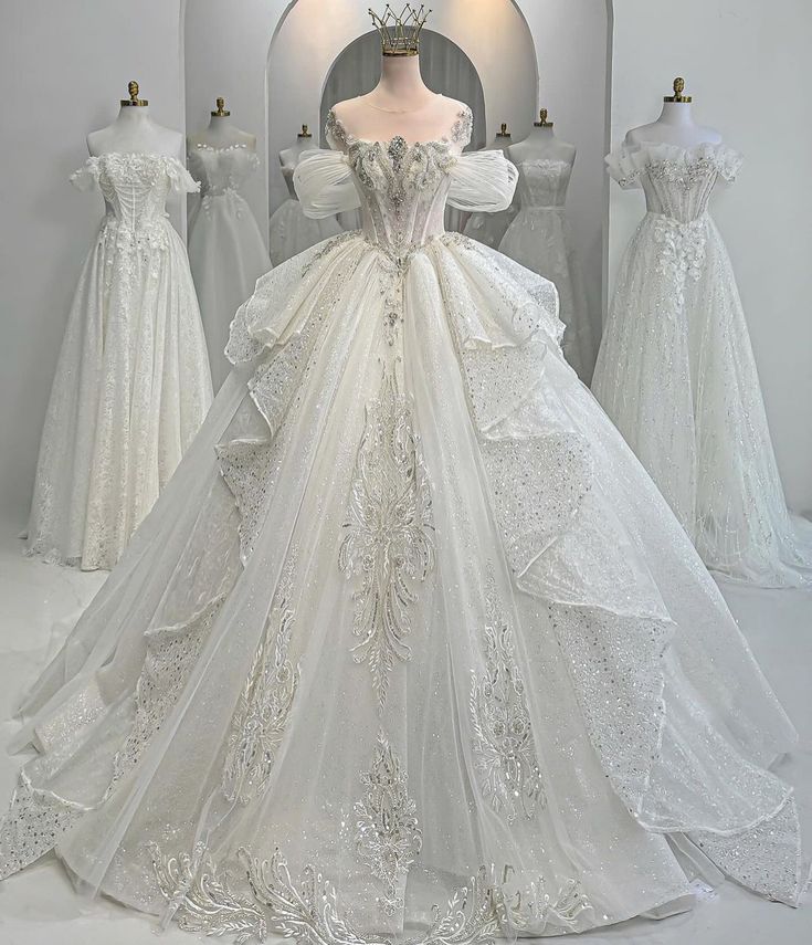 Elegant Ball Gown Off The Shoulder Short Sleeves Long Sequin Tulle White Wedding Dress Fairy Formal Wedding Dresses B145