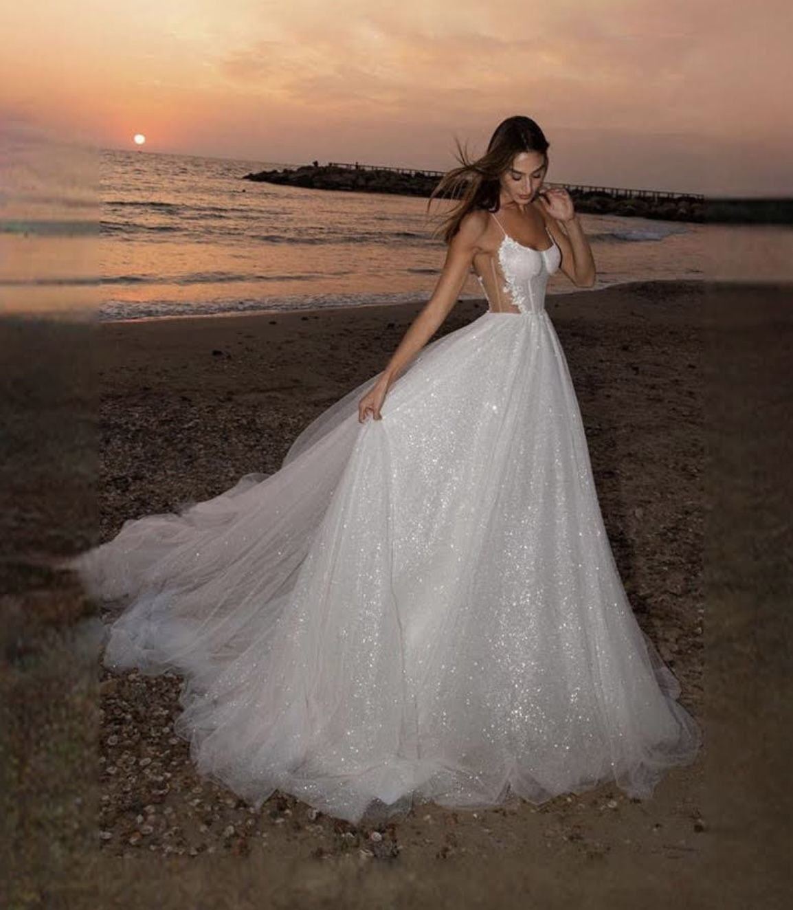 Beautiful A line Spaghetti Straps Long Sequin White Appliques Wedding Dress Fairy Formal Wedding Dresses B149