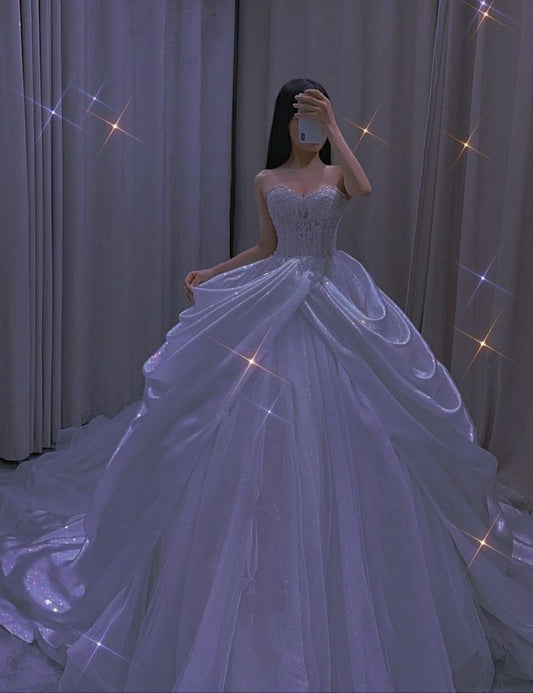 Dreamy Ball Gown Sweetheart White Lace Long Wedding Dress Fairy Formal Ruffles Wedding Dresses B150