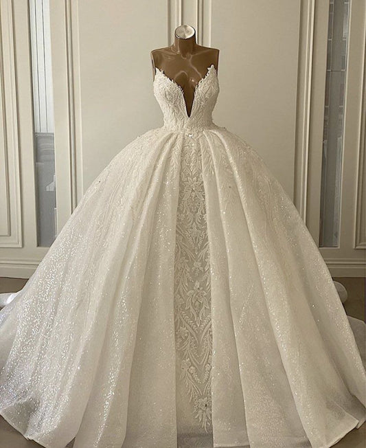 Dream Ball Gown Sweetheart Long Lace White Sequin Wedding Dress Fairy Formal Wedding Dresses Civil Brides Gowns B157