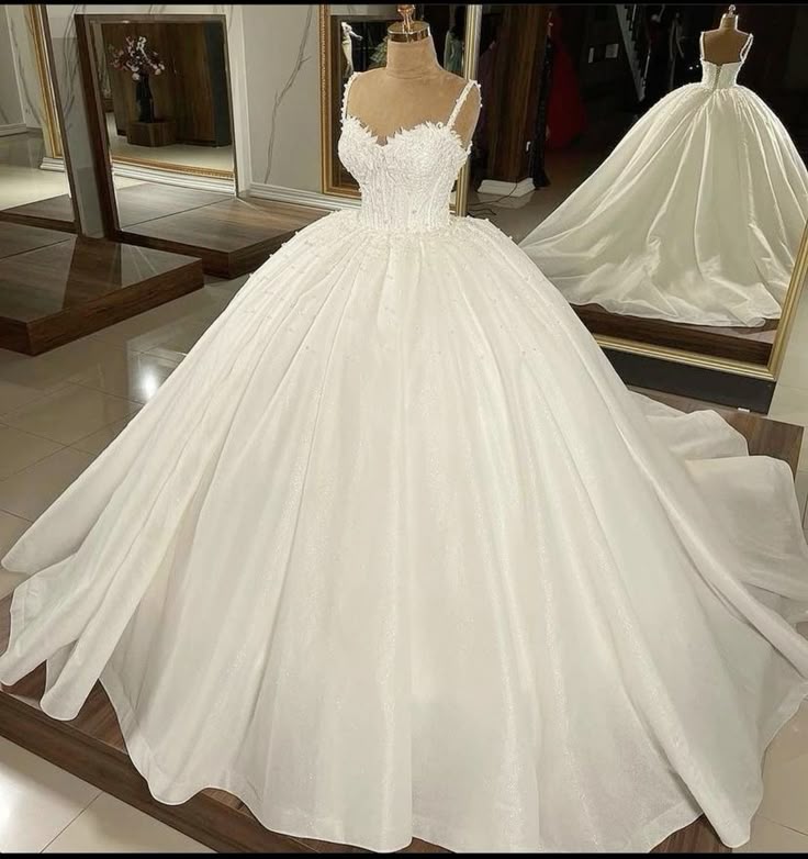Dreamy Ball Gown Spaghetti Straps Long Sequin White Silver Beads Wedding Dress Fairy Formal Wedding Dresses B109