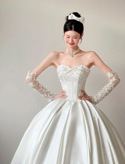 Modest Ball Gown Sweetheart Neck White Satin Lace Long Wedding Dress Fairy Formal Brides Gown Wedding Dresses B34