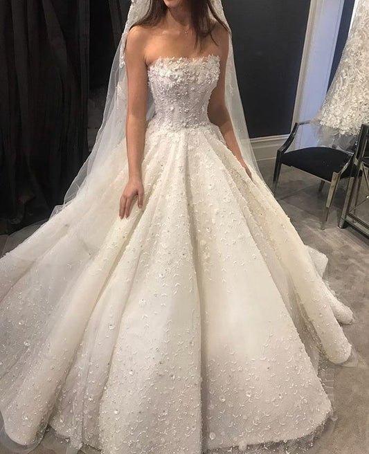 Dream Ball Gown Strapless Long Lace White Tulle Wedding Dress Fairy Formal Wedding Dresses Civil Brides Gowns B161