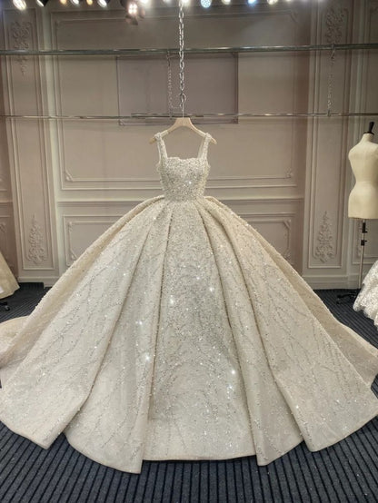 Dreamy Ball Gown Square Neck White Sequins Crystal Long Sparkly Wedding Dress Fairy Formal Wedding Dresses B163