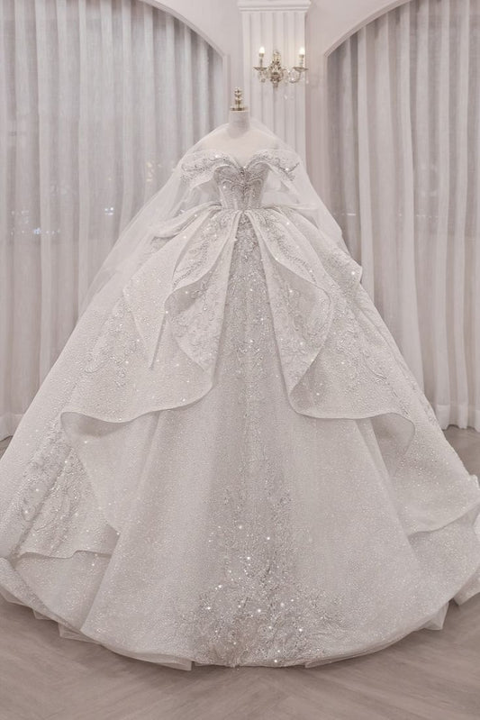 Princess Ball Gown Off The Shoulder Short Sleeves Long Crystal White Wedding Dress Dream Wedding Dresses B168