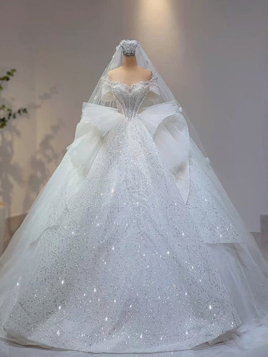 Ethereal Ball Gown Off The Shoulder Short Sleeves Long Sequins White Crystal Wedding Dress Dream Wedding Dresses B173