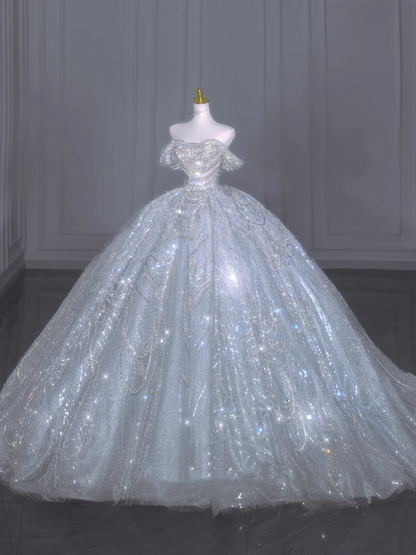 Ethereal Ball Gown Off The Shoulder Short Sleeves Long Sequins White Crystal Sparkly Wedding Gown Dream Wedding Dresses B175