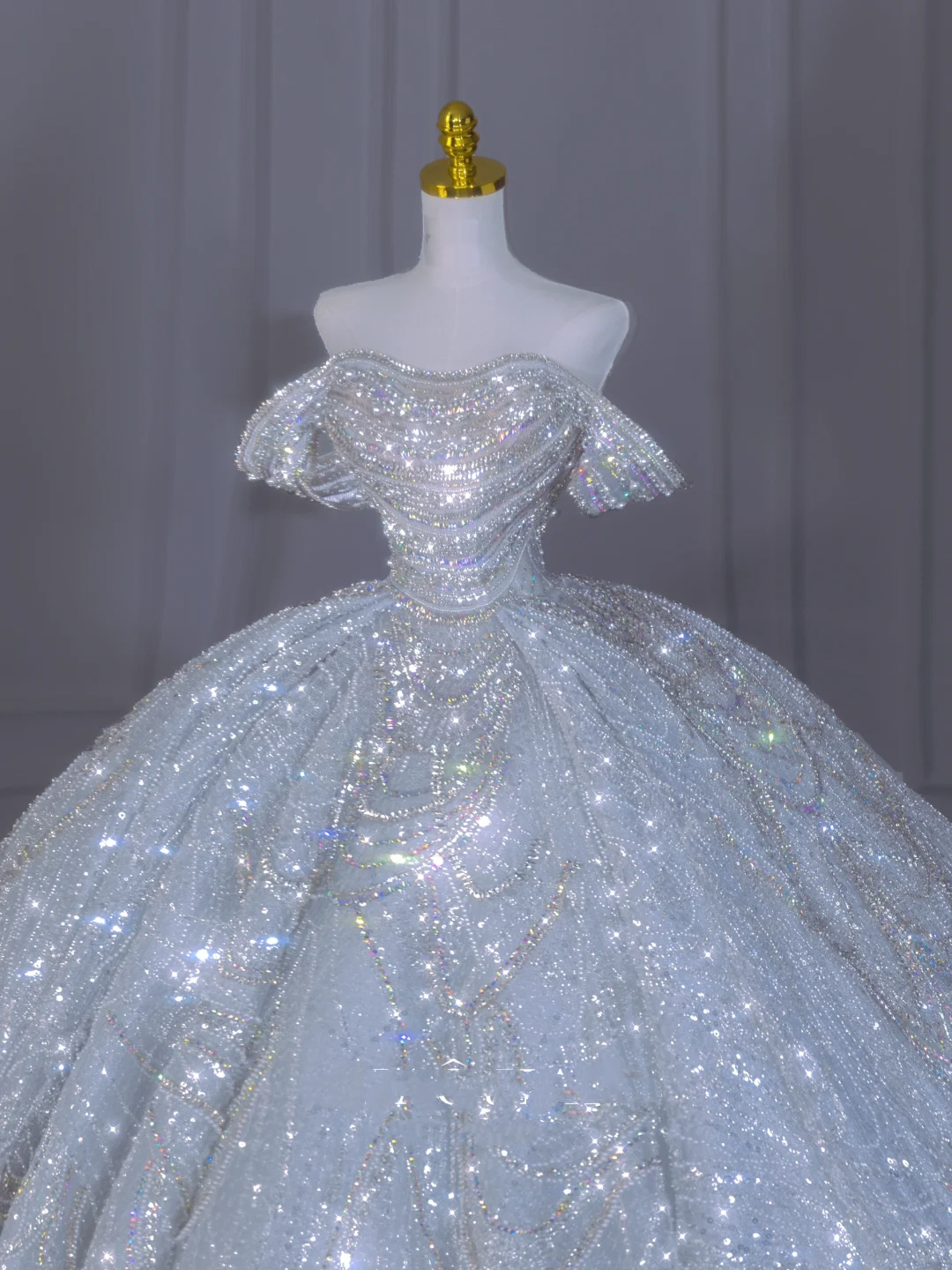 Ethereal Ball Gown Off The Shoulder Short Sleeves Long Sequins White Crystal Sparkly Wedding Gown Dream Wedding Dresses B175