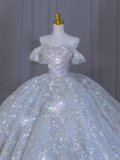 Ethereal Ball Gown Off The Shoulder Short Sleeves Long Sequins White Crystal Sparkly Wedding Gown Dream Wedding Dresses B175