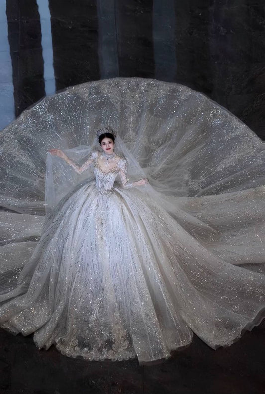 Classy Elegant Ball Gown Sweetheart Long Sleeves Long Sequins White Crystal Sparkly Wedding Gown Dream Wedding Dresses B179