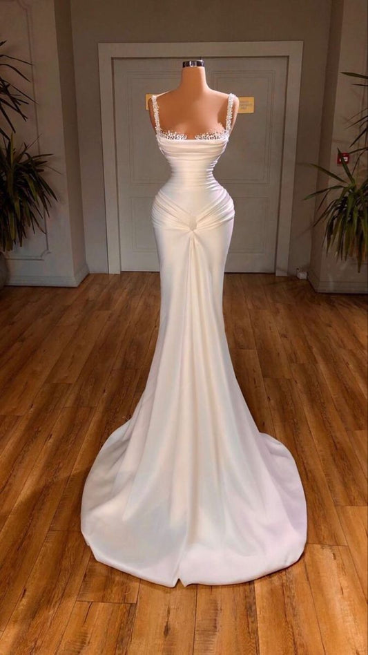 Dream Mermaid Princess Straps Long White Wedding Dress Fairy Formal Wedding Dresses Civil Brides Gowns B180