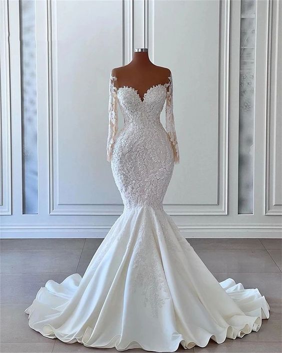 Dream Mermaid Princess Scoop Long Sleeves White Wedding Dress Fairytale Wedding Dresses Civil Brides Gowns B181