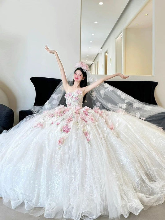 Modest Ball Gown Strapless Neck White Tulle Pink Flowers Long Wedding Dress Fairy Formal Brides Gown Wedding Dresses B19