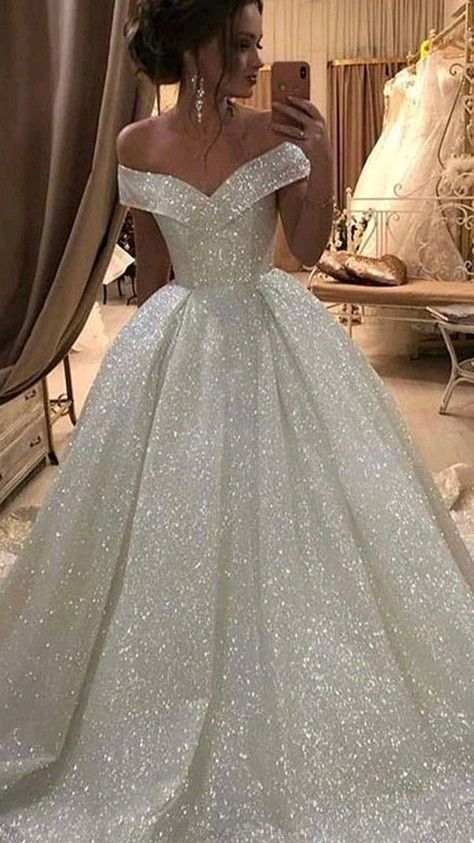Classy Elegant Ball Gown Off The Shoulder With Short Sleeves Long Sequins White Crystal Sparkly Wedding Gown Dream Wedding Dresses B191