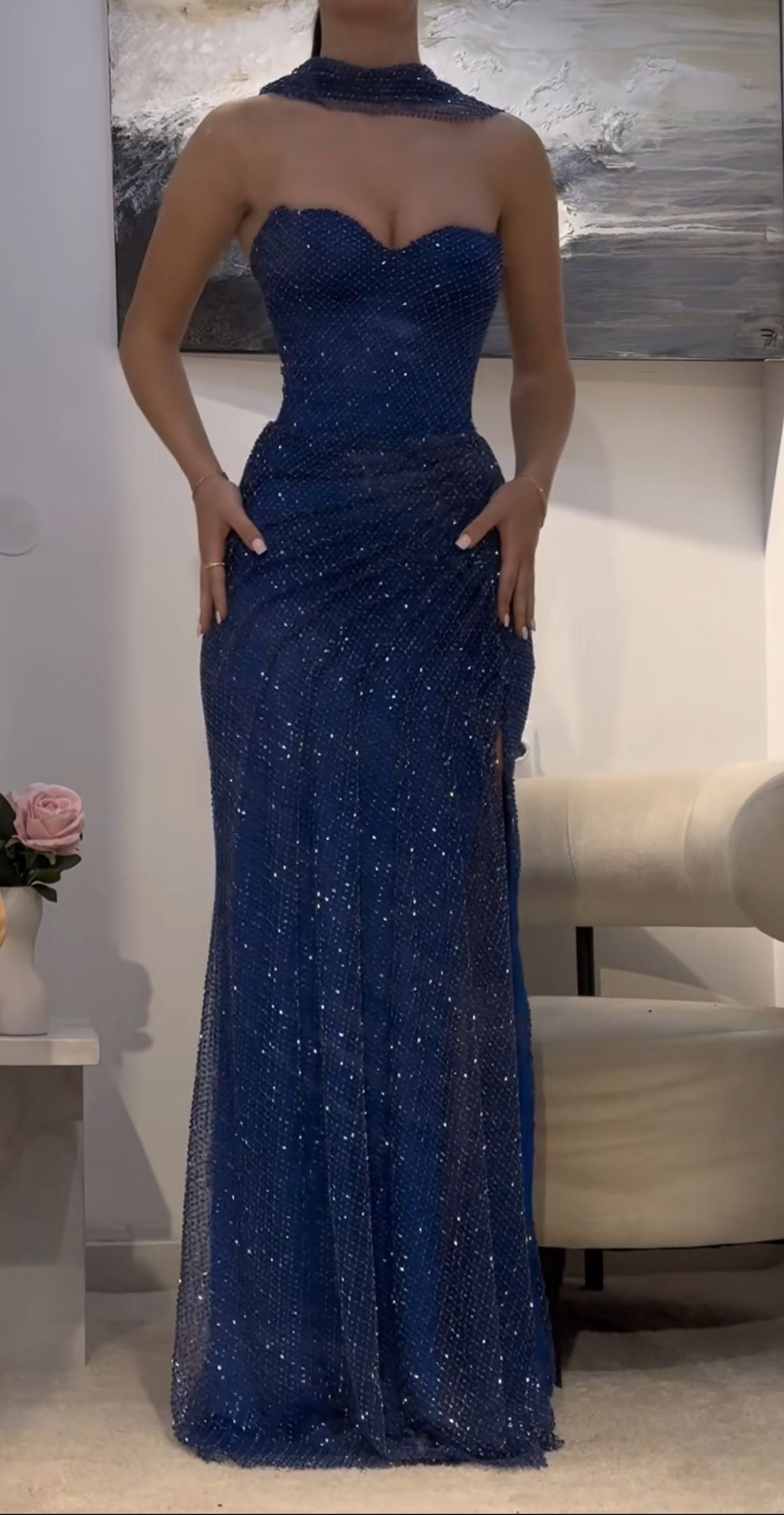 Elegant Mermaid Sweetheart Royal Blue Sequin Long Floor Length Prom Dress Inspiration Prom Dresses With Scarf B206