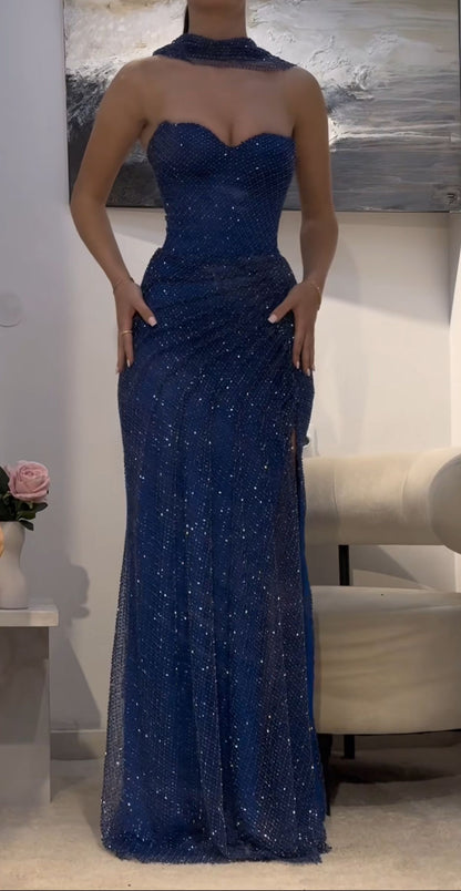 Elegant Mermaid Sweetheart Royal Blue Sequin Long Floor Length Prom Dress Inspiration Prom Dresses With Scarf B206