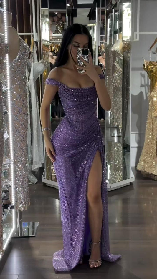 Elegant Mermaid Off The Shoulder Lilac Sequin Sparkly Long Floor Length Prom Dress Inspiration Prom Dresses Graduation Dress B209