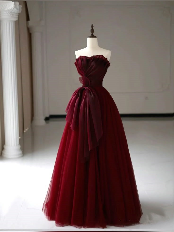Modest A Line Strapless Tulle Burgundy Prom Dresses Inspiration Trending Prom Gowns Princess Formal Prom Dress B227