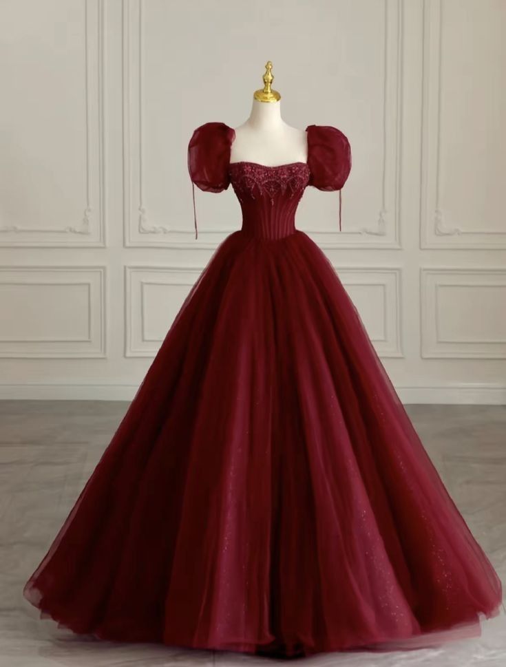 Modest Ball Gown Square Neck Burgundy Red Short Sleeves Long Quinceanera Dresses Sexy Quinceanera Gowns Sweet 16 Dress B234