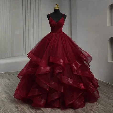 Aesthetic Ball Gown Spaghetti Straps Burgundy Tulle Long Quinceanera Dress 2000s Quinceanera Dresses Sweet 15 16 Dress B237