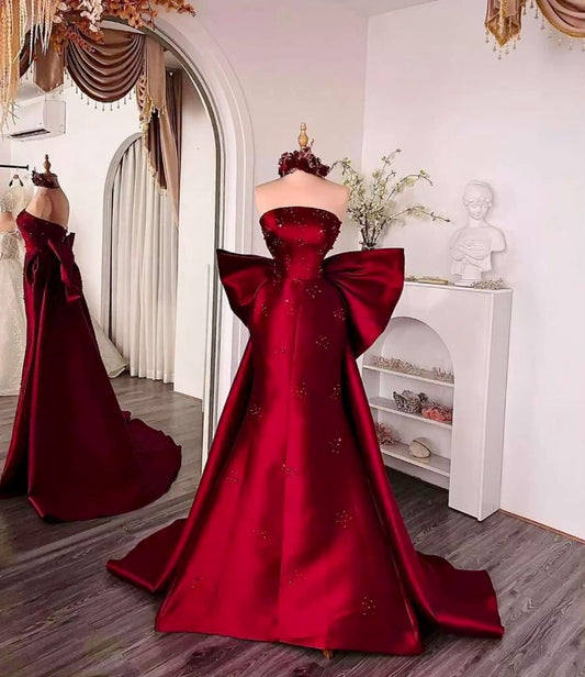 Modest Mermaid Strapless Burgundy Satin Prom Dresses Inspiration Trending Prom Gowns Princess Formal Prom Dress B244