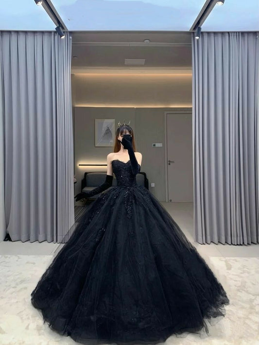 Modest Ball Gown Sweetheart Black Tulle Long Quinceanera Dresses Sexy Quinceanera Gowns Sweet 16 Dress B249