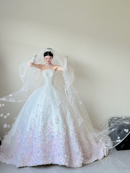 Ethereal Ball Gown Strapless Neck White Satin Lilac Flowers Long Wedding Dress Fairy Formal Brides Gown Wedding Dresses B25