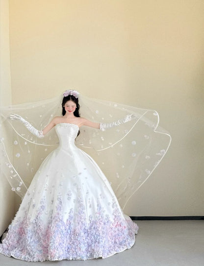 Ethereal Ball Gown Strapless Neck White Satin Lilac Flowers Long Wedding Dress Fairy Formal Brides Gown Wedding Dresses B25