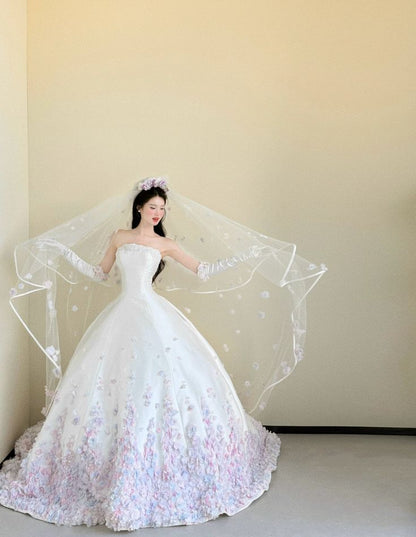 Ethereal Ball Gown Strapless Neck White Satin Lilac Flowers Long Wedding Dress Fairy Formal Brides Gown Wedding Dresses B25