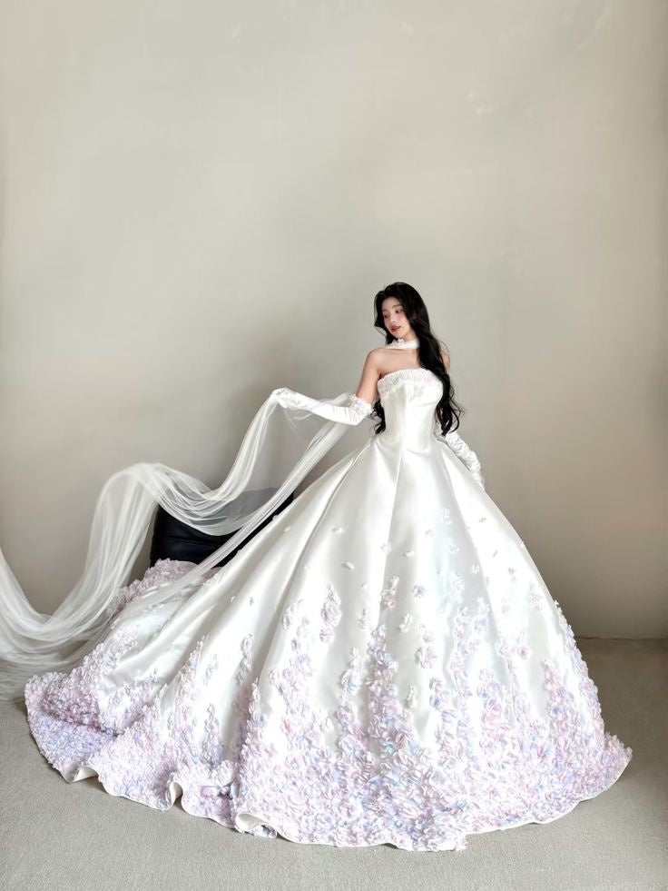 Ethereal Ball Gown Strapless Neck White Satin Lilac Flowers Long Wedding Dress Fairy Formal Brides Gown Wedding Dresses B25