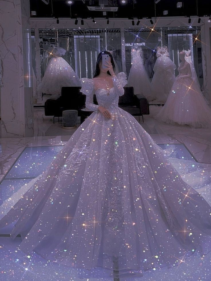 Classy Ball Gown Sweetheart Long Sleeves Long Sequins White Crystal Sparkly Wedding Gown Dream Wedding Dresses B250