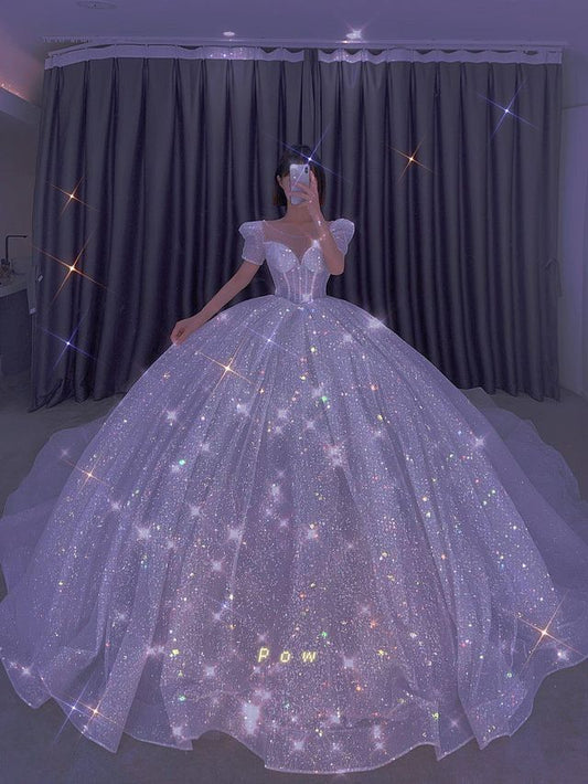 Classy Ball Gown Sweetheart Short Sleeves Long Sequins White Crystal Sparkly Wedding Gown Dream Wedding Dresses B251