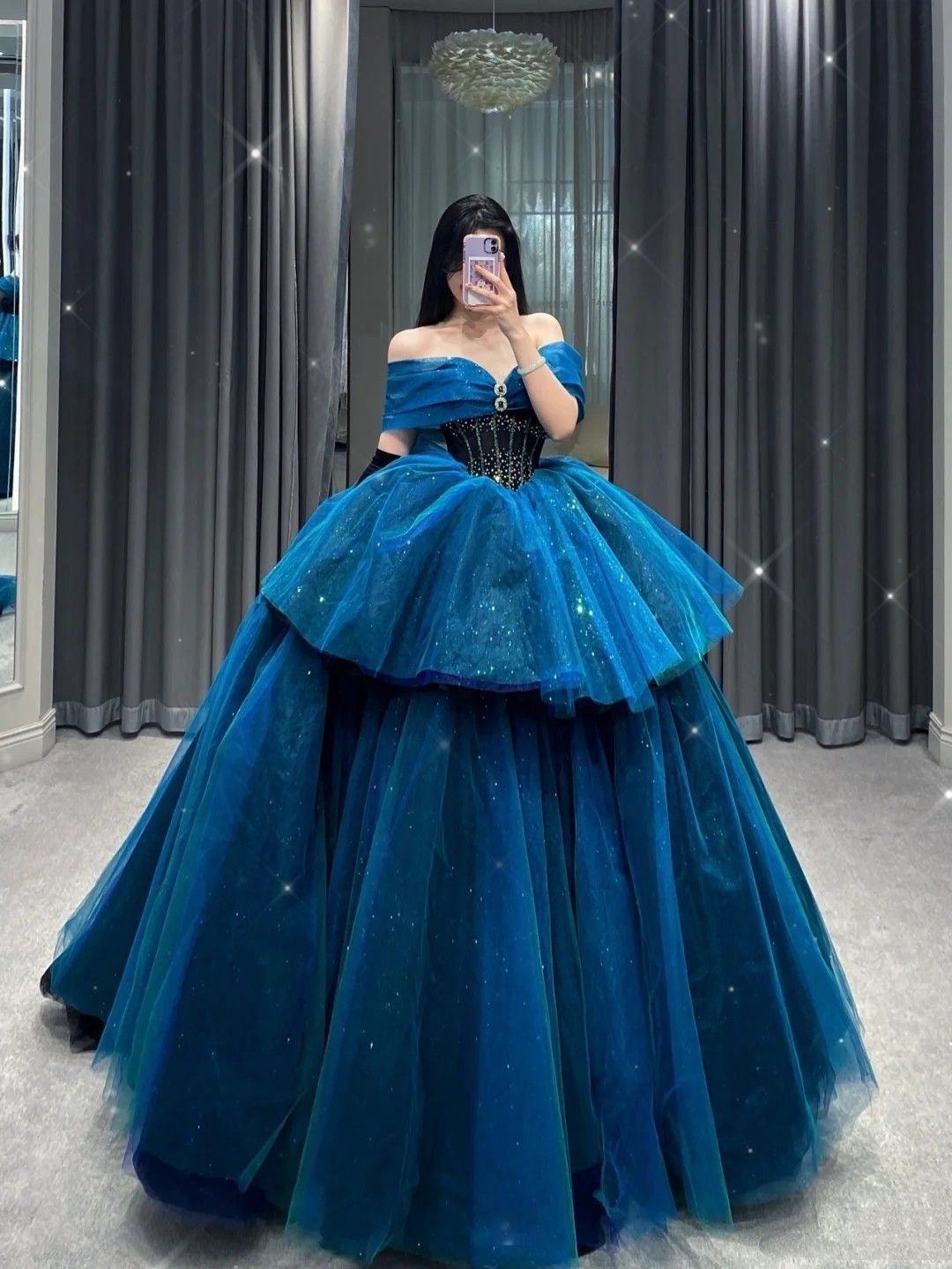 Modest Ball Gown Off The Shoulder Blue Tulle Long Quinceanera Dresses Sexy Quinceanera Gowns Sweet 16 Dress B252