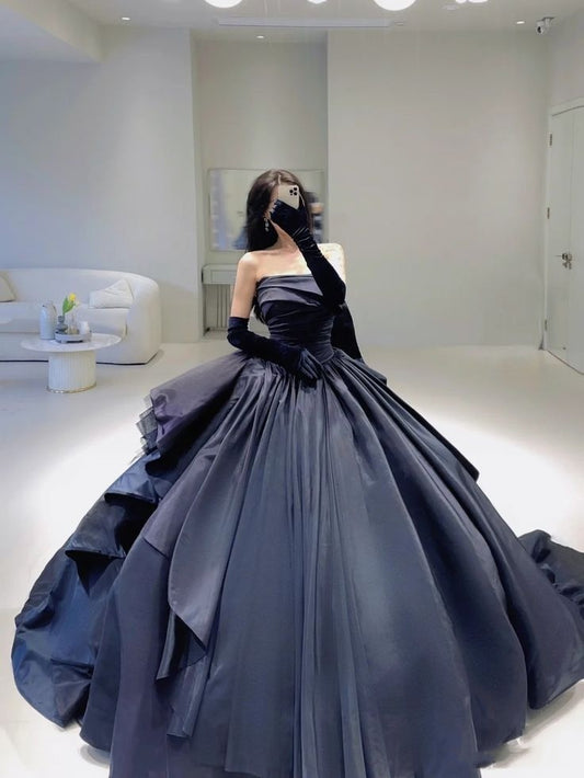 Modest Ball Gown Strapless Navy Blue Satin Long Quinceanera Dresses Inspiration Trending Prom Gowns Princess Formal Prom Dress B254
