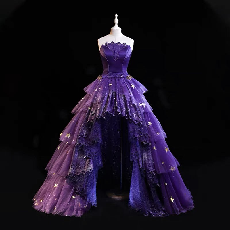 Modest Ball Gown Strapless Grape Appliques High Low Quinceanera Dresses Sexy Quinceanera Gowns Sweet 16 Dress B256