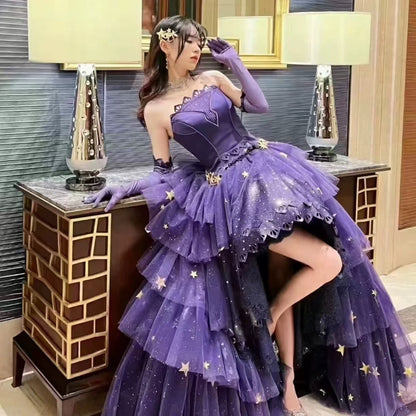 Modest Ball Gown Strapless Grape Appliques High Low Quinceanera Dresses Sexy Quinceanera Gowns Sweet 16 Dress B256