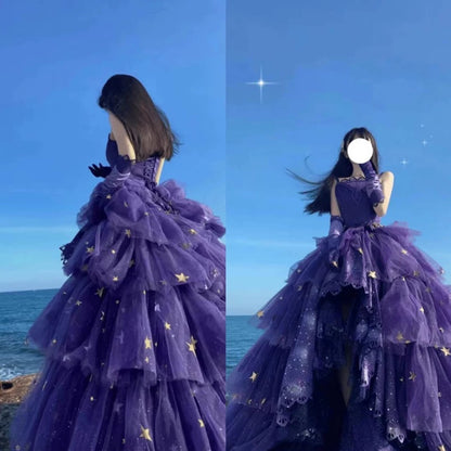 Modest Ball Gown Strapless Grape Appliques High Low Quinceanera Dresses Sexy Quinceanera Gowns Sweet 16 Dress B256