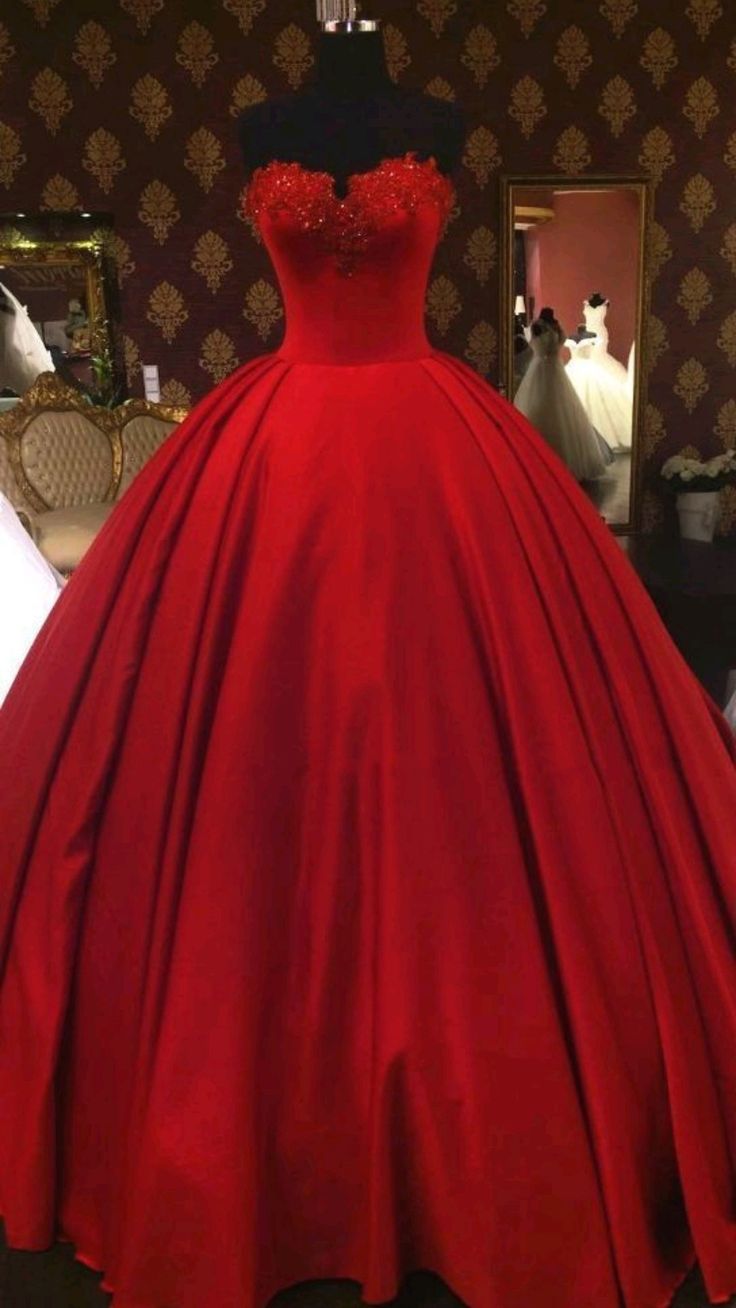 Modest Ball Gown Strapless Red Satin Long Quinceanera Dresses Inspiration Trending Prom Gowns Formal Prom Dress B257