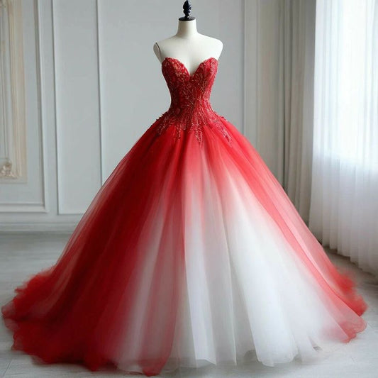 Modest Ball Gown Sweetheart Tulle Red Ombre White Long Quinceanera Dresses Appliques Quinceanera Gowns Sweet 16 Dress B262