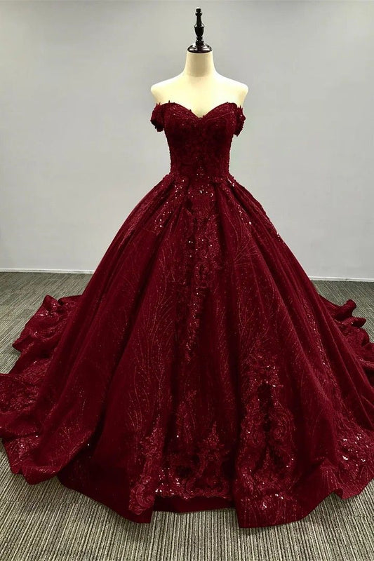 Modest Ball Gown Off The Shoulder Burgundy Sequin Long Quinceanera Dresses Birthday Outfits Gowns Sweet 15 16 Dress B264
